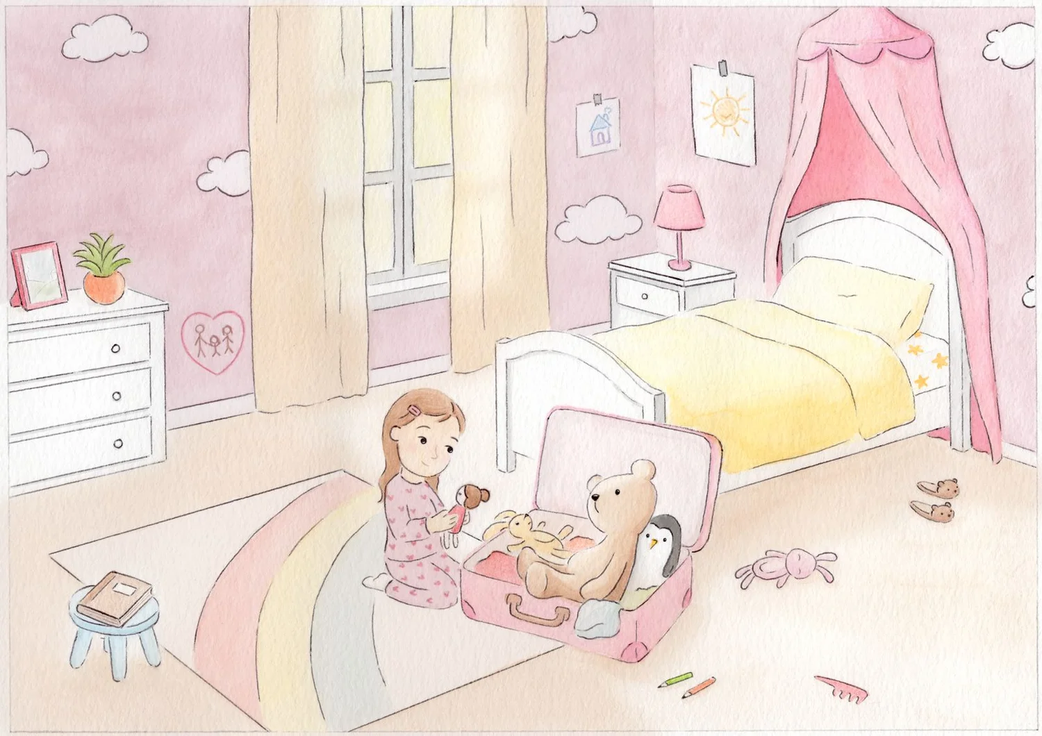 Detailed cozy room illustration with warm atmosphere by Daniela Collomb